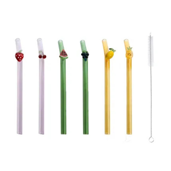 POINT-VIRGULE - Glazen rietjes kort met fruit Set/6 + borstel