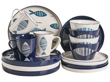 Set de 16 couverts de table TAMARIND Porcelaine Blanc/bleu