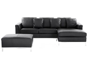 Canapé d'angle 5 places OSLO Cuir Noir avec ottoman Côté gauche