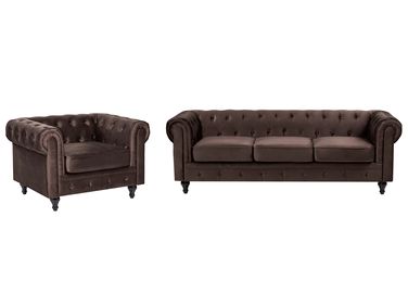 Ensemble de salon 4 places CHESTERFIELD Velours Marron foncé