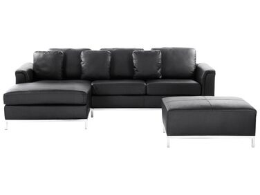 Canapé d'angle 5 places OSLO Cuir Noir avec ottoman Côté droit