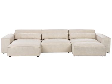 Canapé d'angle modulable 5 places HELLNAR Velours Beige clair avec ottoman Côté droit
