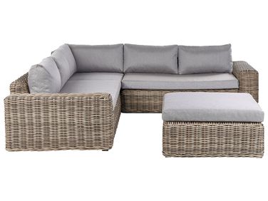 Garden Corner Sofa with Ottoman 6 Seater PALERMO Modular PE Rattan Light Brown