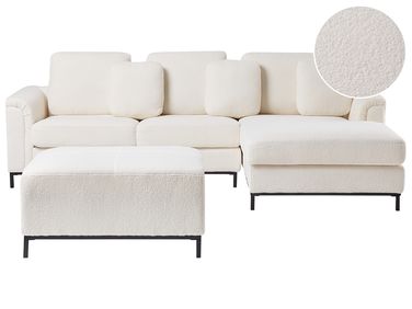 Canapé d'angle 5 places OSLO Bouclé Blanc avec ottoman Côté gauche