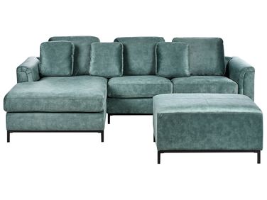 Canapé d'angle 5 places OSLO Velours Bleu paon avec ottoman Côté droit