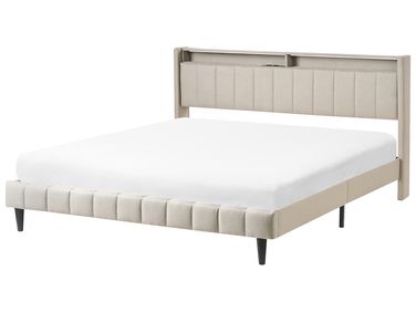 Bed with LED Fabric BEAULIEU 180 x 200 cm (EU Super King) with USB Port with Storage Beige
